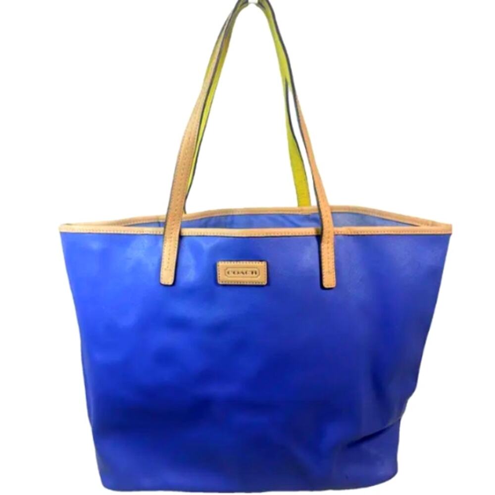 Coach Blue Leather Tote Bag Tan Trim Yellow Accent Shoulder Handbag